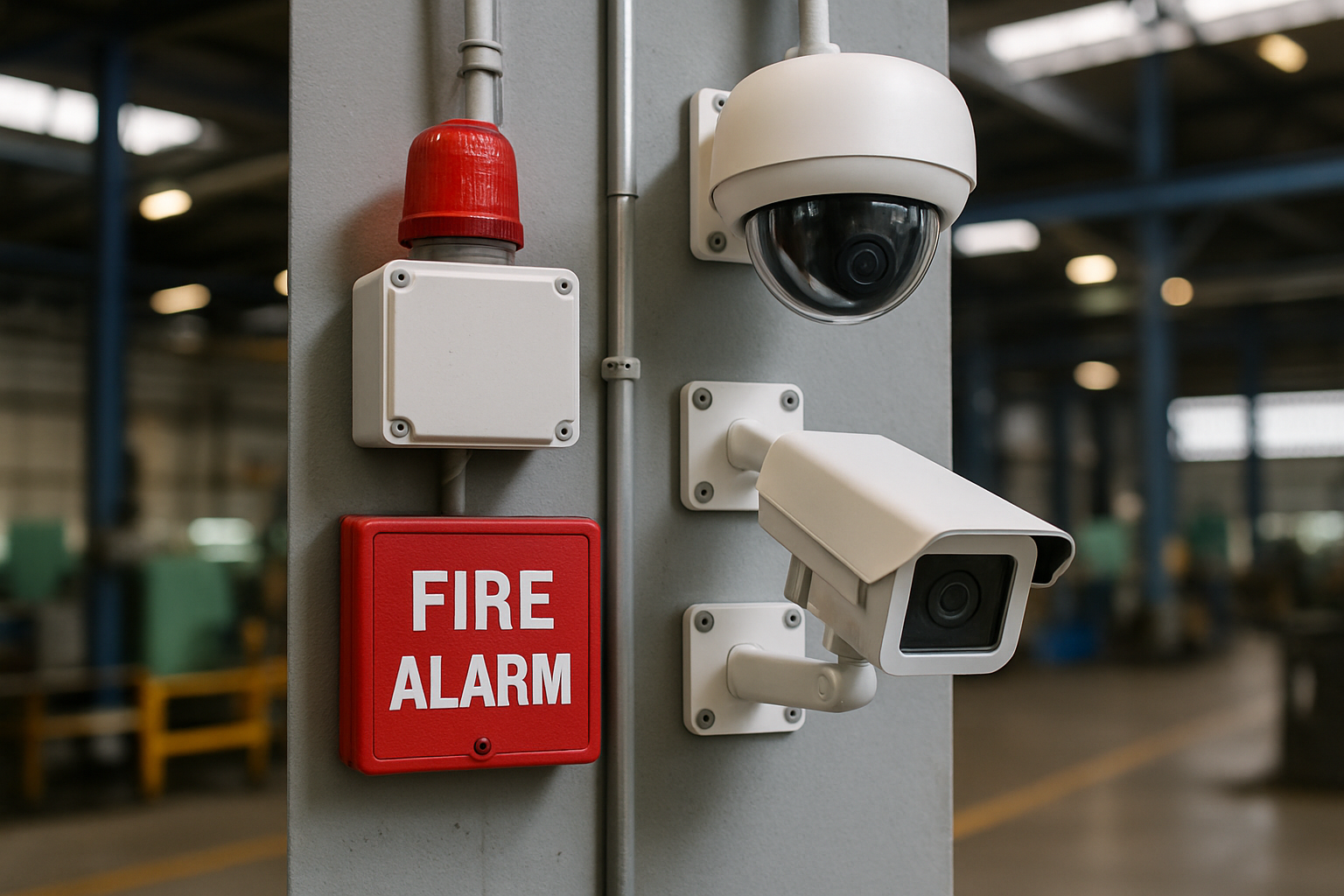 Sistema de cámaras de seguridad y detección de incendios instalado en una industria