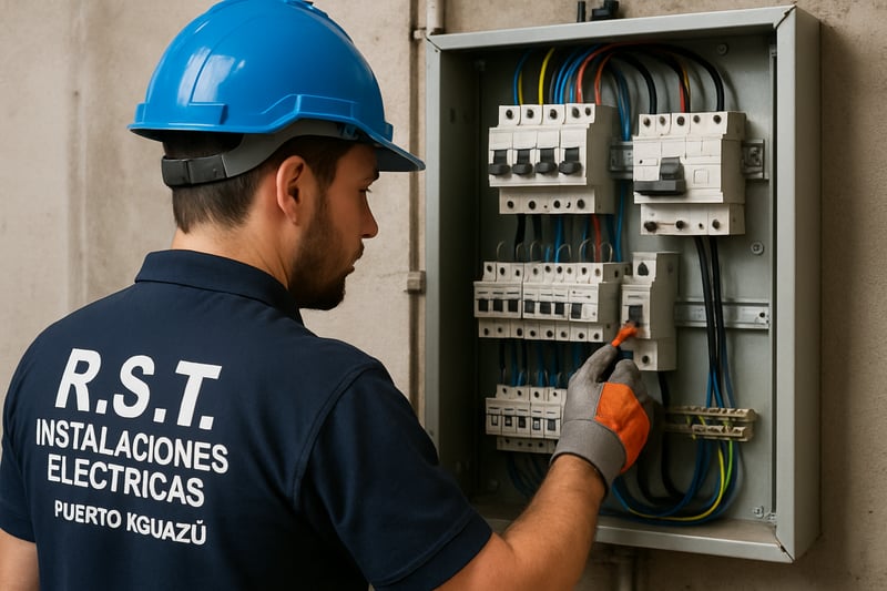 Técnico de R.S.T. Instalaciones Eléctricas trabajando en un tablero eléctrico en Puerto Iguazú