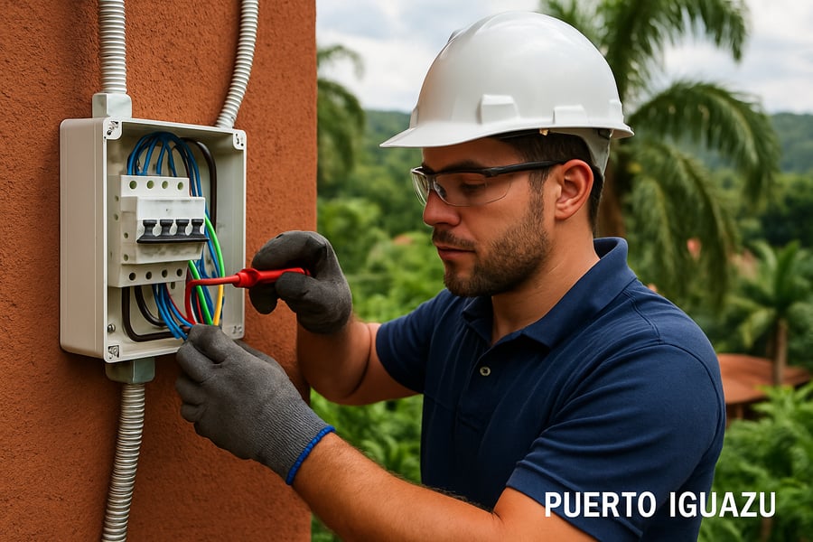 Técnico realizando instalación eléctrica profesional en Puerto Iguazú
